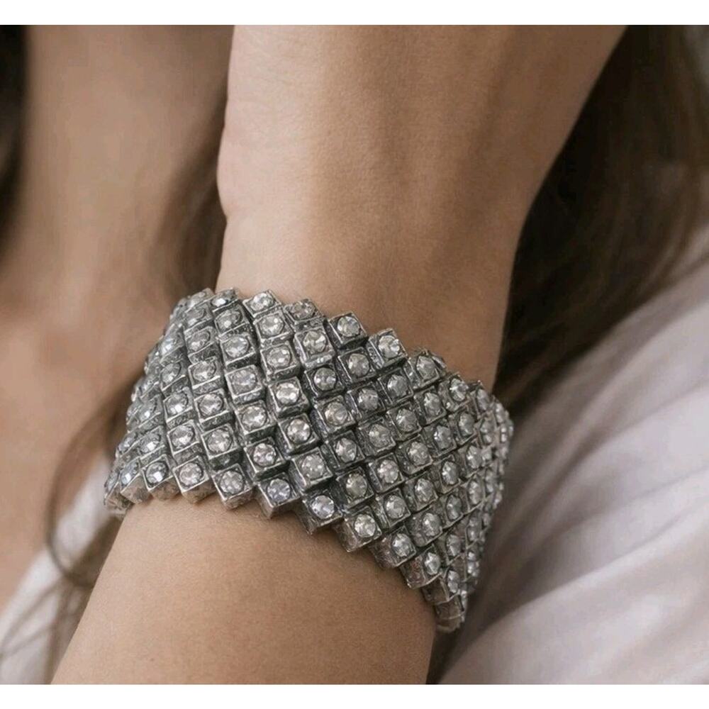 Goth Punk‎ Stretch Bracelet 1.5" Wide 3D Rhinestones Silver Tone B-TN1